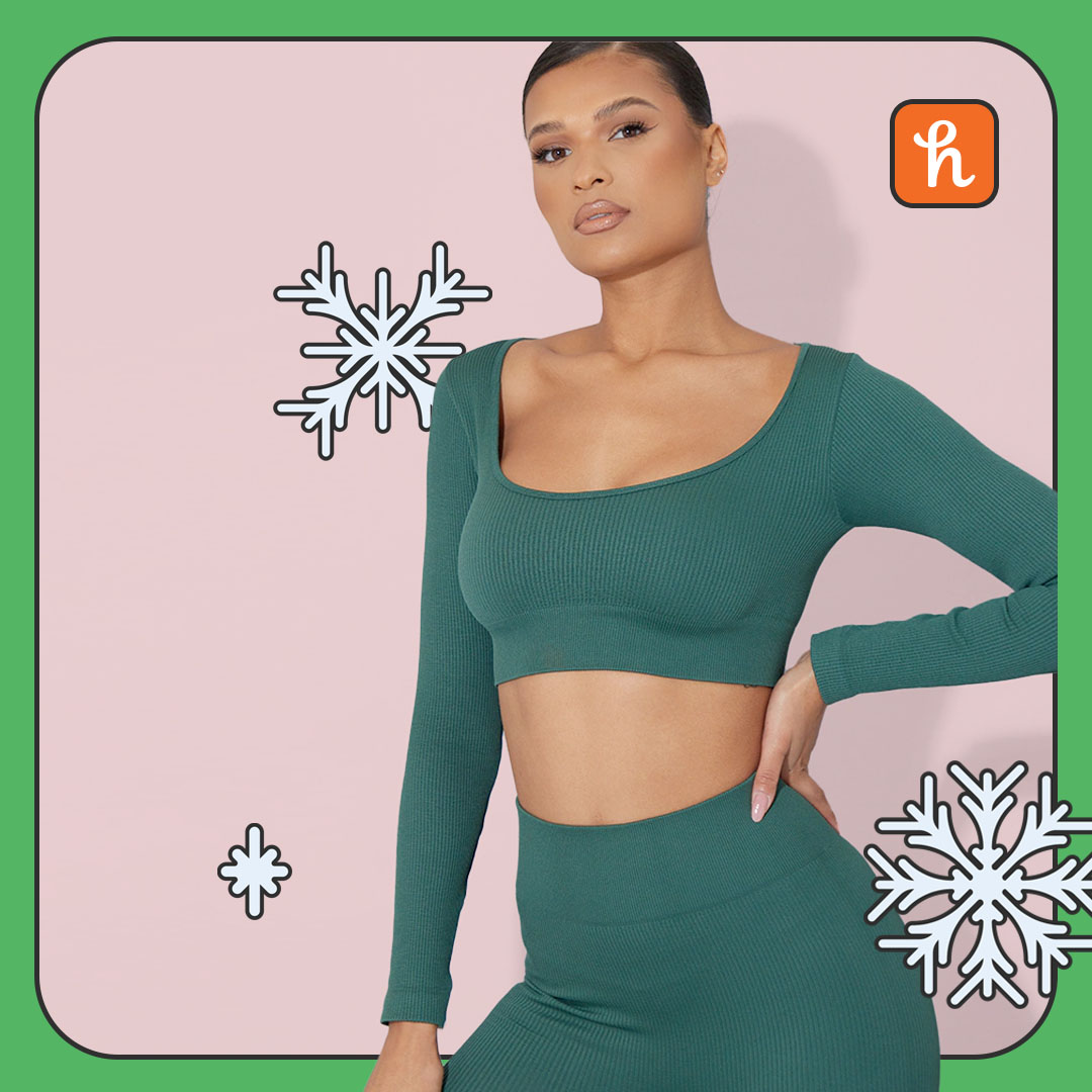 Green Ribbed Seamless Sport Scoop Neck Long Sleeve Top 1