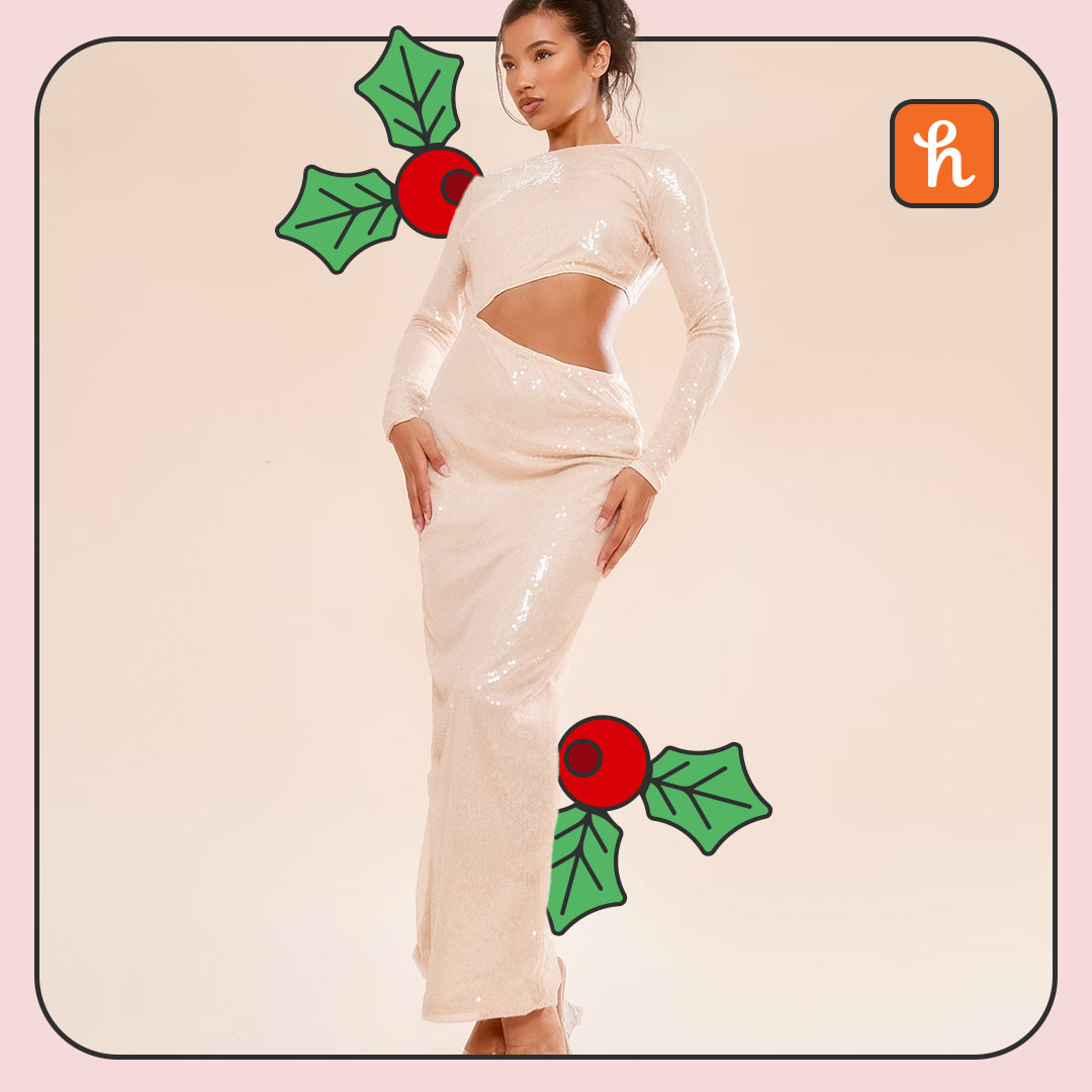 Nude Sequin Cut Out Long Sleeve Maxi Dress